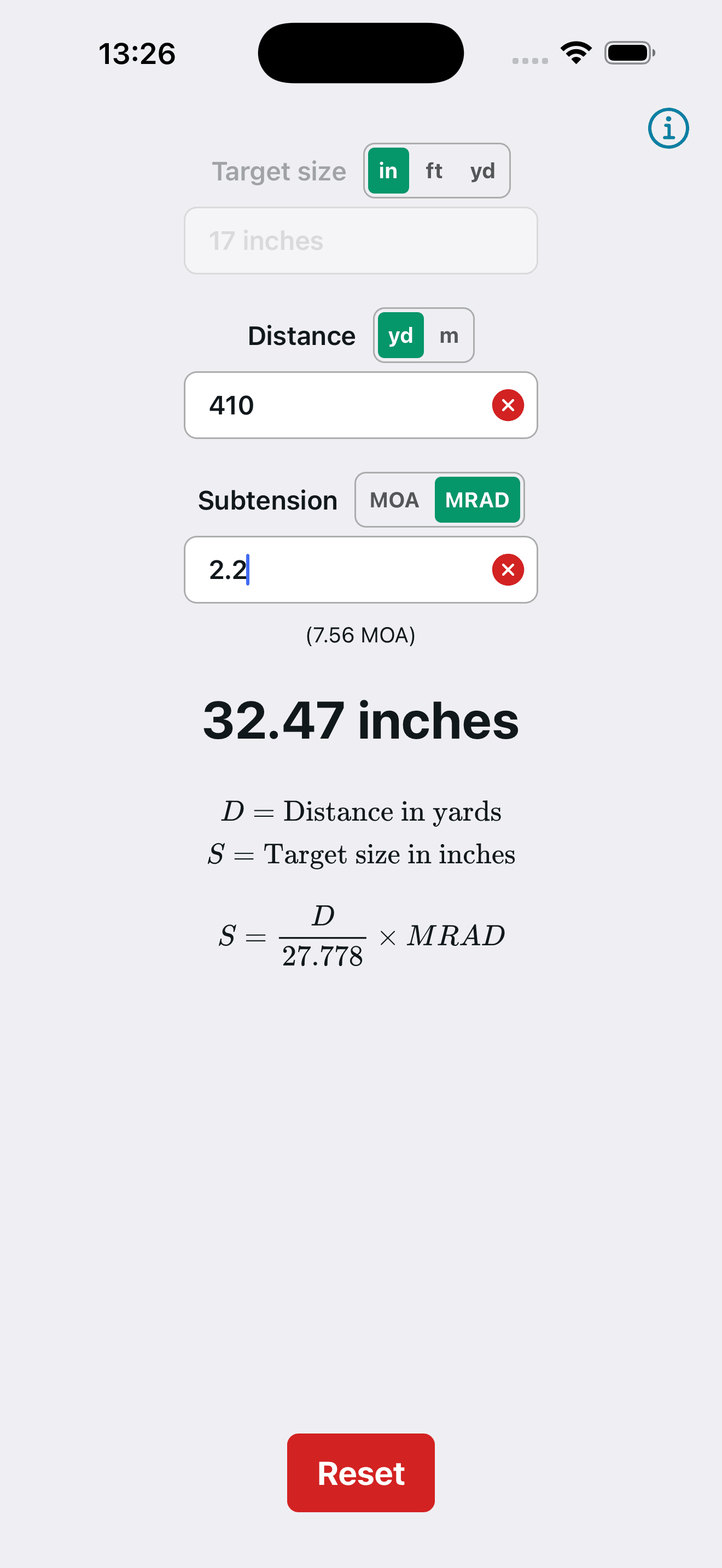 Shooter Calc showing MRAD calculation — 2.2 MRAD at 410 yards equals 32.47 inches