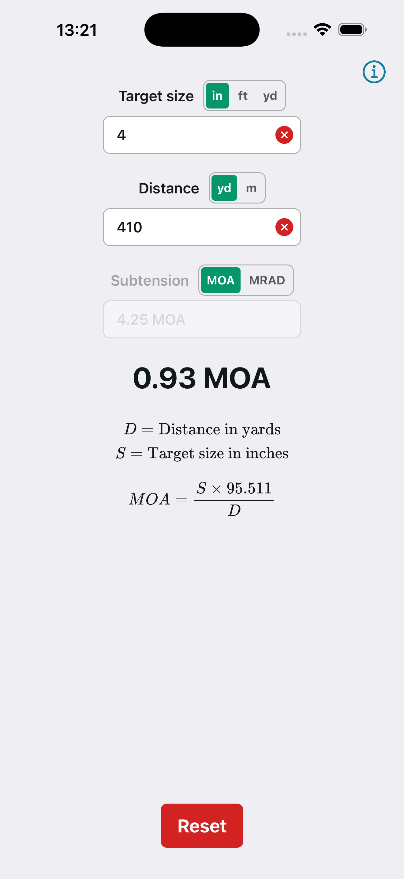 Shooter Calc showing MOA calculation — 0.93 MOA at 410 yards