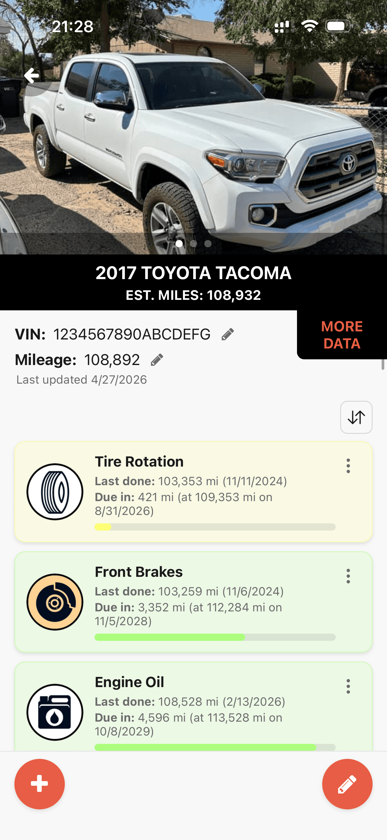 TOD Driveway app showing vehicle overview with maintenance items