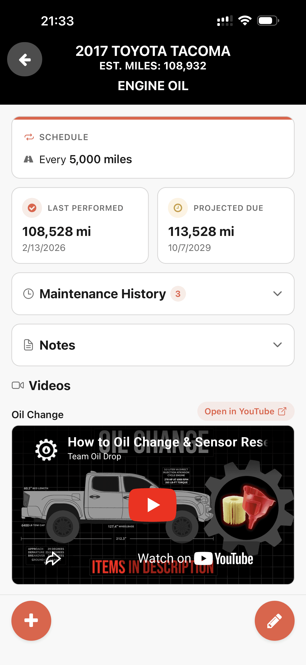 TOD Driveway maintenance detail with schedule, history, and videos