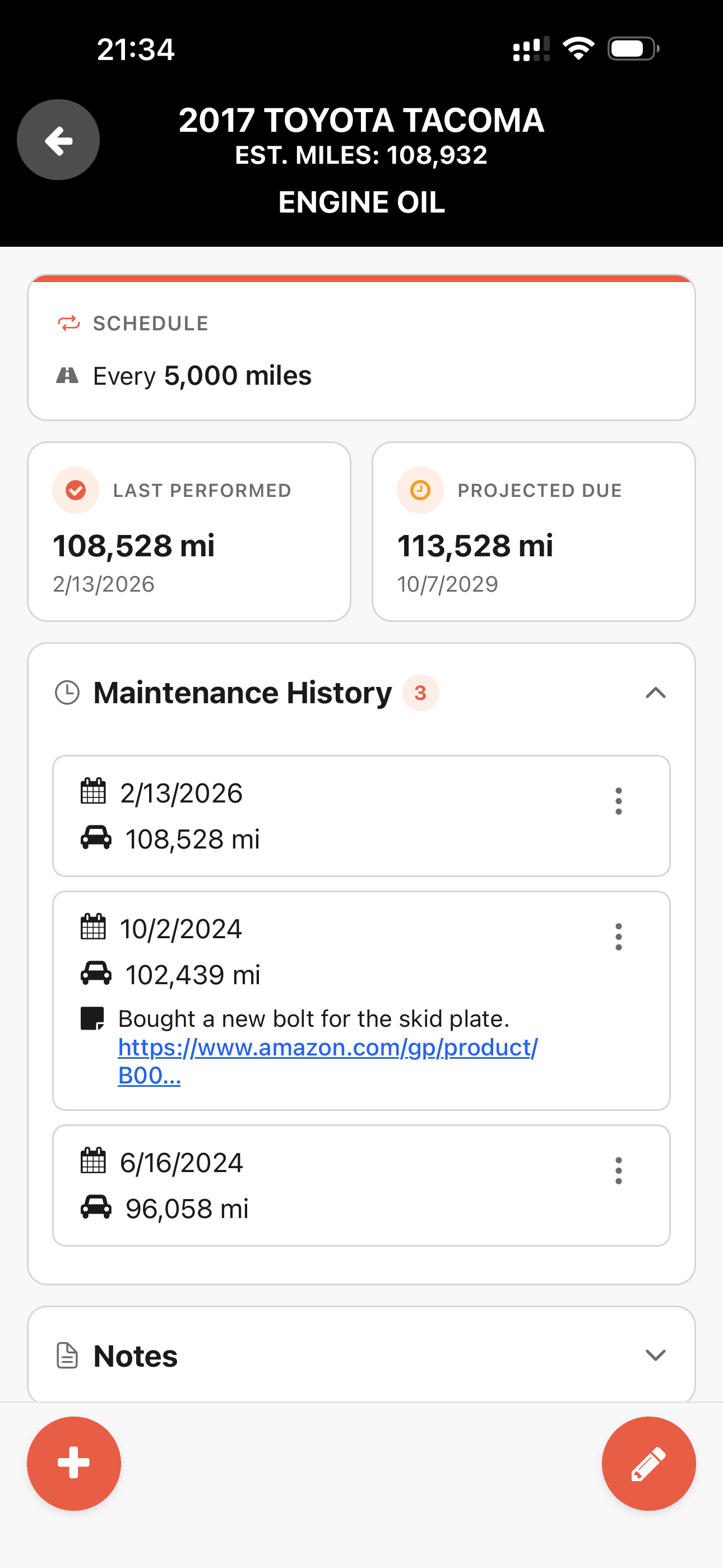 TOD Driveway maintenance history log