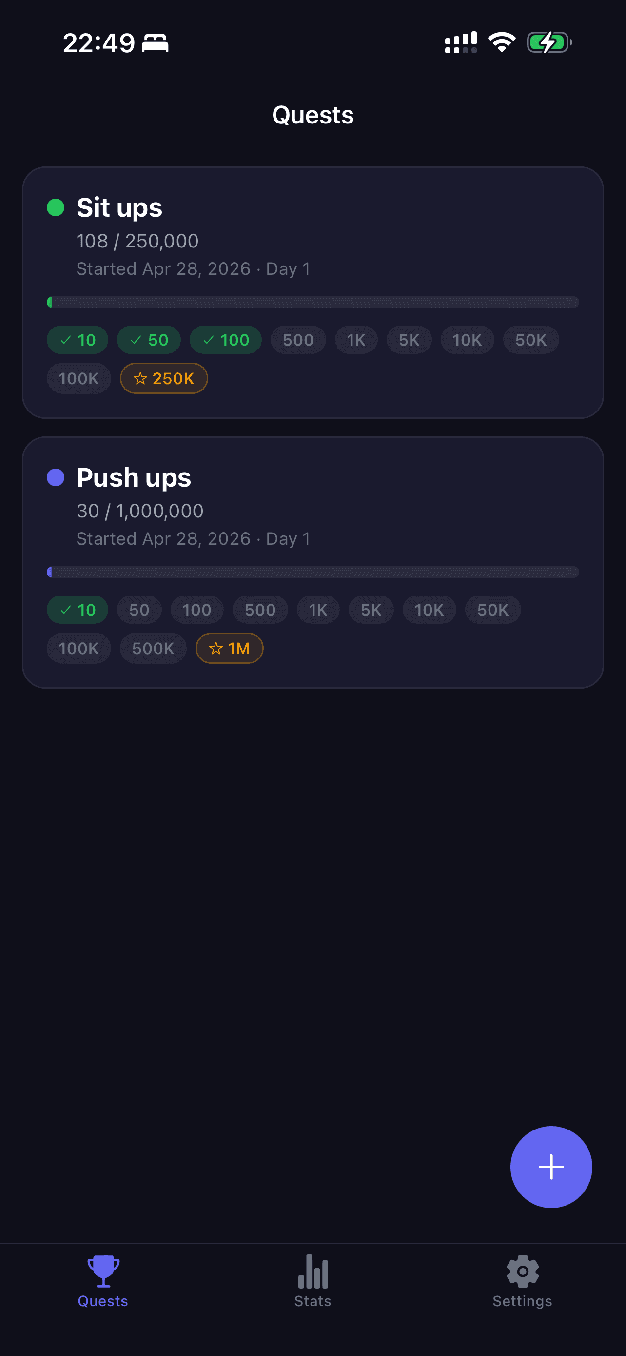 RepLegend quests screen showing sit-up and push-up goals