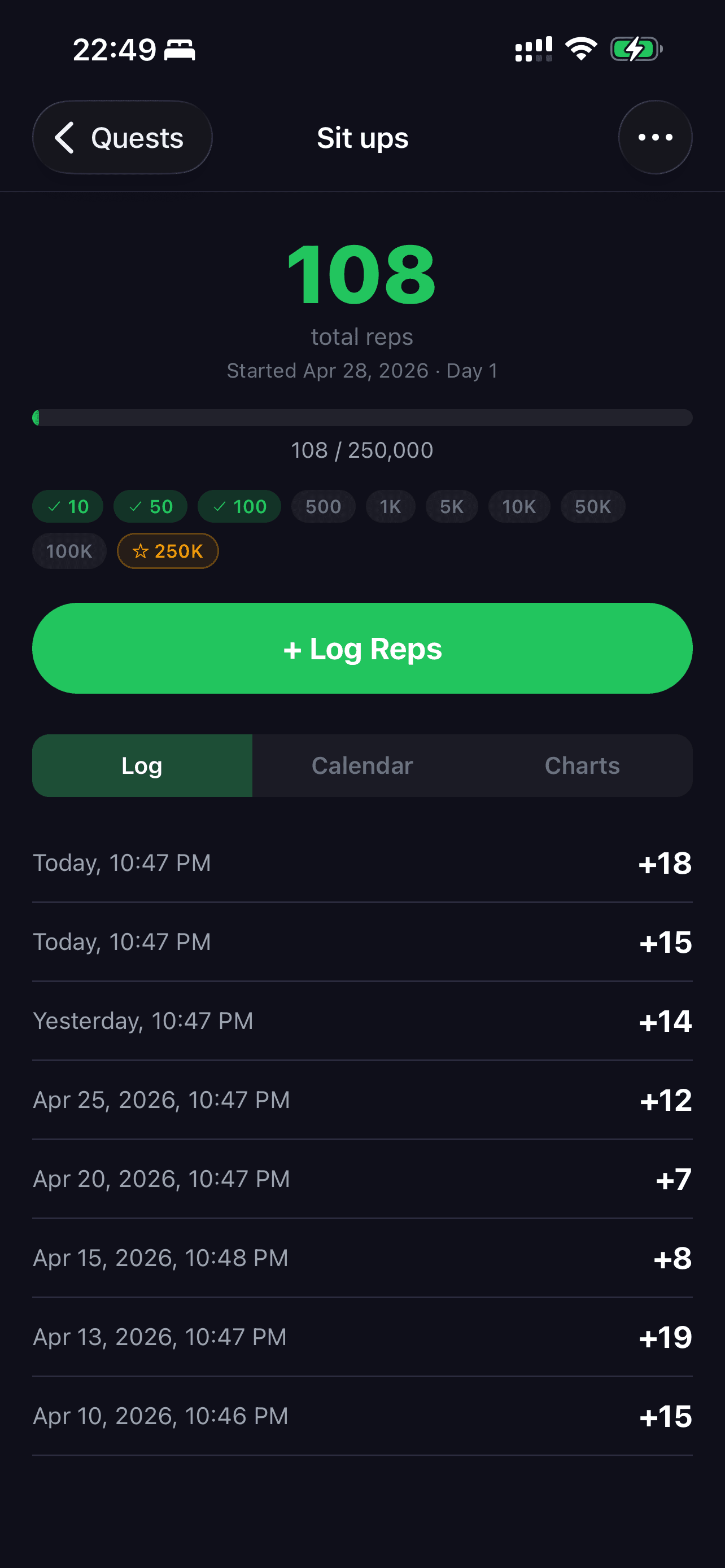RepLegend log screen showing rep history