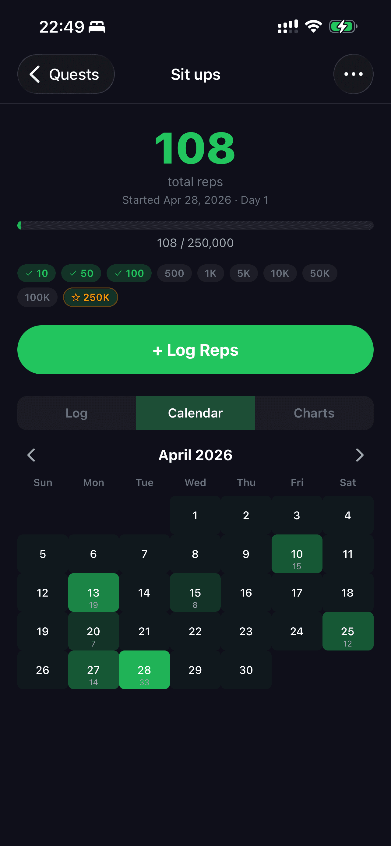 RepLegend calendar view showing workout days